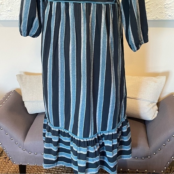 Saint Geraldine Polly Jean Midi Dress Stripes Pockets Flounce Hem Aqua Blue Sz S - Picture 4 of 9